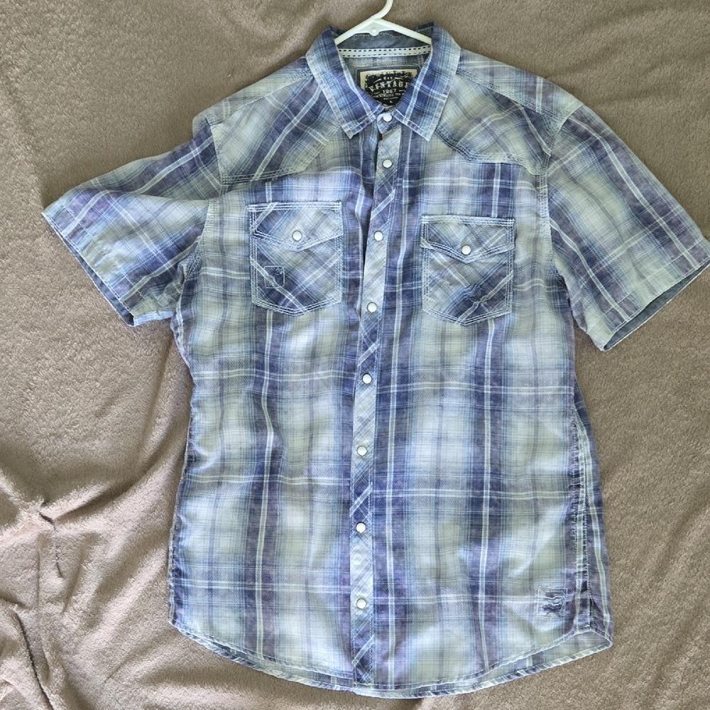 BKE Vintage 1967 Mens Purple Plaid Short Sleeve Western Pearl Snap Shirt‎ Large
